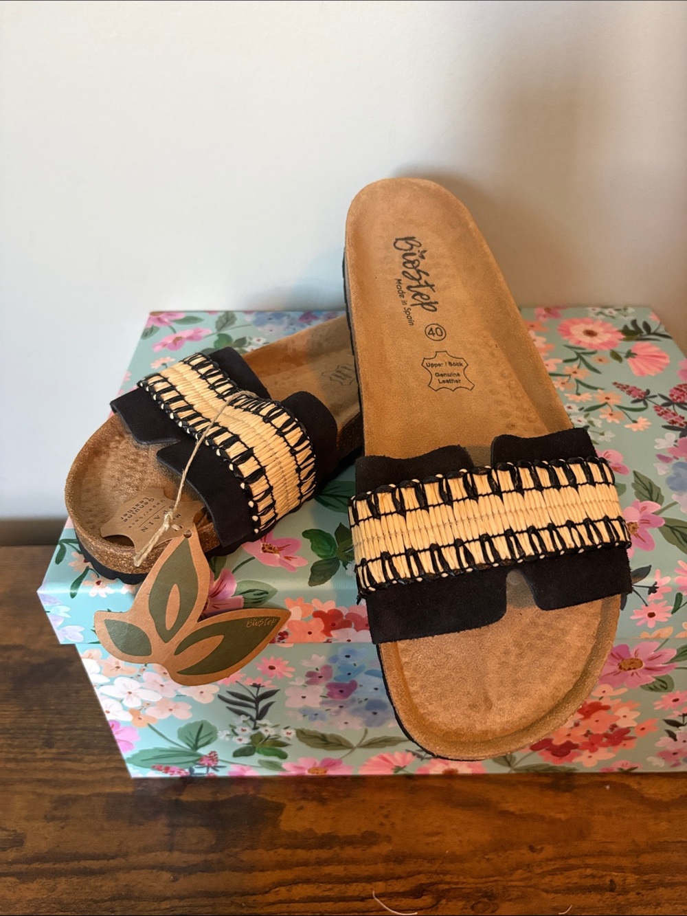 BioStep Women's Black Slide Sandals with Natural Woven Accent
